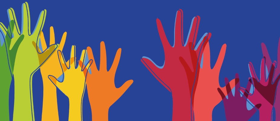 Grafika przedstawia dłonie w różnych kolorach na niebieskim tle 