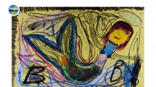 Fragment pracy malarskiej dziecka. Obraz przedstawia syrenę