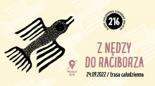 Infografika: Z NĘDZY DO RACIBORZA / 24.09.2022 - trasa całodzienna. Znaczek: wyłącz GPS, ilustracja - ptak narysowany przez Pawła Graję