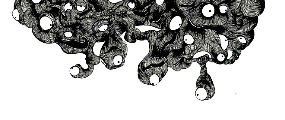 przypominająca kształtem mózg kotłowanina obłych stworów z oczami. Tytuł rysunku: chmura