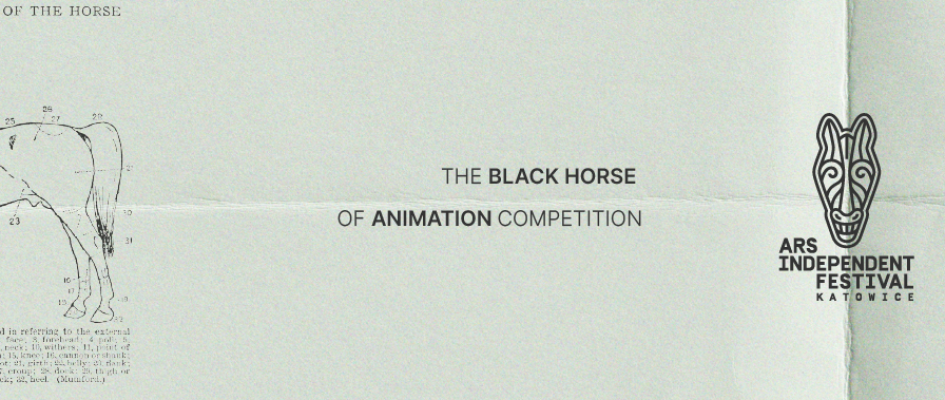 Grafika przypominająca zmięta kartkę papieru, na niej rysunek konia i napis Ars Independent Festival Katowice, Konkurs Czarny Koń Animacji