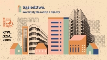 Grafika przedstawia zdjęcia katowickich modernistycznych budynków oraz graficzne przedstawienia wieżowca i domku jednorodzinnego