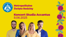 Plakat przedstawia ,muzyków Studio Accantus. Przy prawej krawędzi róże nawiązujące do róż z nikiszowieckiej architektury