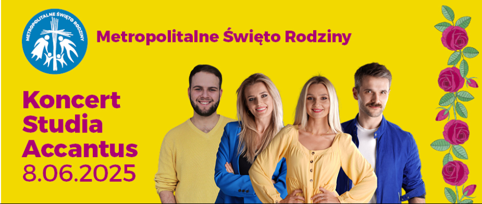 Plakat przedstawia ,muzyków Studio Accantus. Przy prawej krawędzi róże nawiązujące do róż z nikiszowieckiej architektury