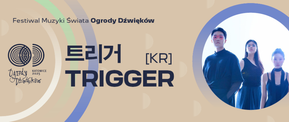 Grafika zapowiadająca koncert zespołu Trigger. Po prawej stronie zdjęcie członków zespołu.