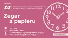 grafika informująca o warsztatach, Z prawej strony widoczny fragment tarczy zegara wraz ze wskazówkami.