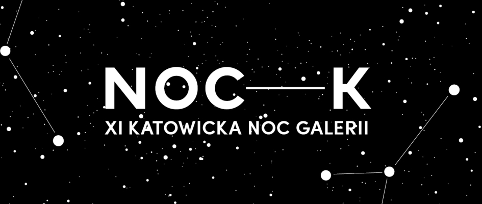 Tytuł wydarzenia NOC-K XI KATOWICKA NOC GALERII na czarnym tle z białymi kropkami 