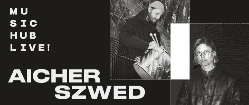 grafika zapowiadająca koncert. Po prawej stronie dwa czarno-białe zdjęcia muzyków