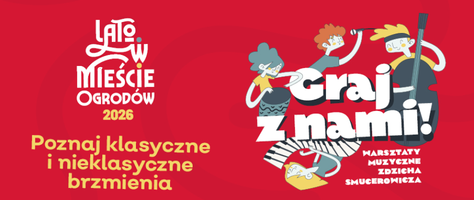 artystyczna grafika na czerwonym tle przedstawiająca dzieci grające na instrumentach 