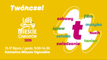 grafika na żółtym tle promująca wydarzenie Lato W Mieście Ogrodów