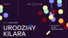 grafika na fioletowym tle napisem urodziny Kilara i dacie 
