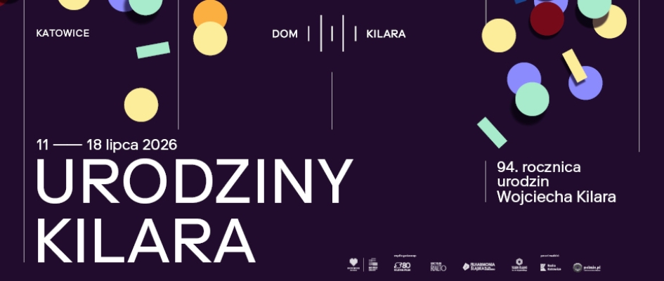 grafika na fioletowym tle napisem urodziny Kilara i dacie 