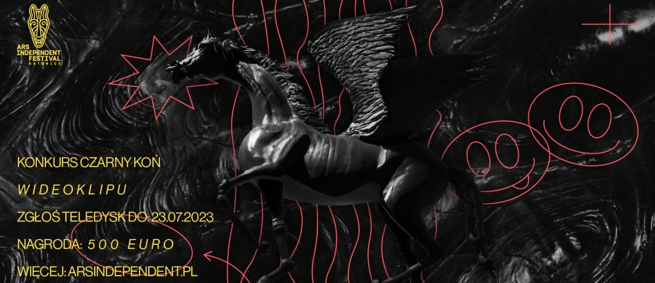 Grafika z logiem festiwalu Ars Independent, grafiką czarnego konia ze skrzydłami i napisem: 