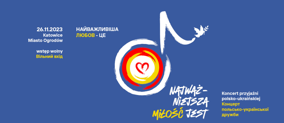 Na niebieskim tle logo koncertu przedstawiające nutę, w której środek wpisany jest symbol serca