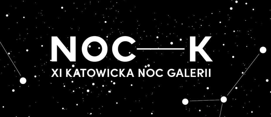 Tytuł wydarzenia NOC-K XI KATOWICKA NOC GALERII na czarnym tle z białymi kropkami 