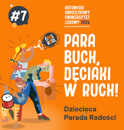 grafika zapowiadająca pierwszy finał Katowickiego Orkiestrowego Uniwersytetu Ludowego